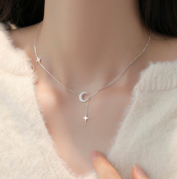 Sterling Silver Crescent Moon Star Necklace