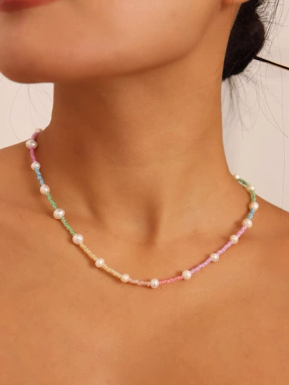 Natural Freshwater Pearl Gradient Rainbow Beaded Necklace