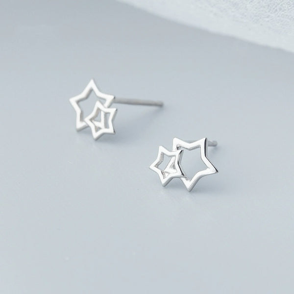 Sterling Silver Double Star Stud Earrings