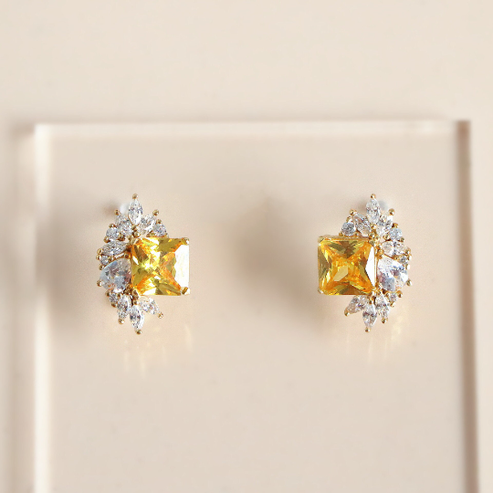 Sterling Silver Square Yellow CZ Stud Earring