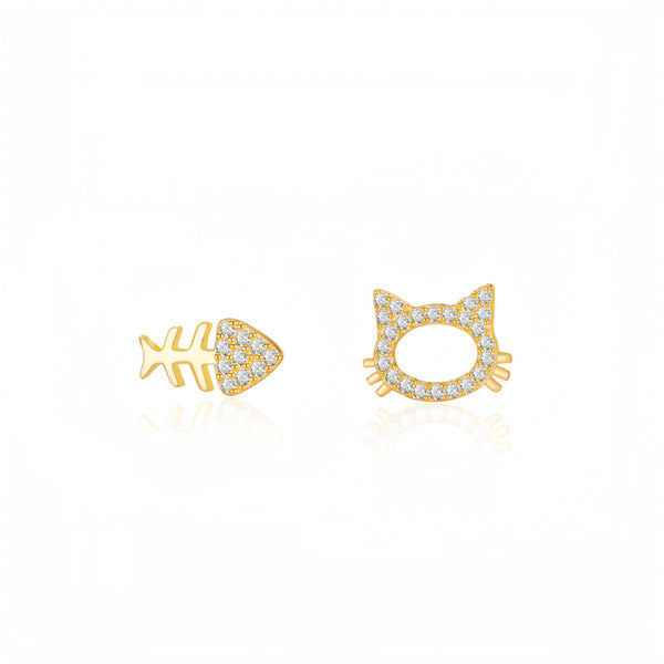 Sterling Silver Cat and Fish Bone Asymmetrical Stud Earrings