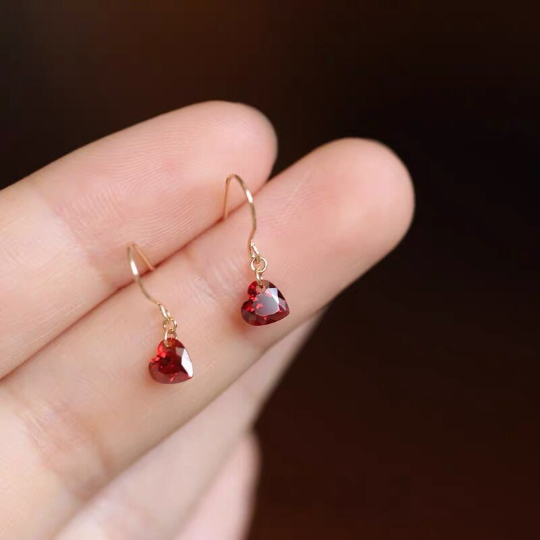 Sterling Silver Gold Plated Ruby Heart Hook Earrings