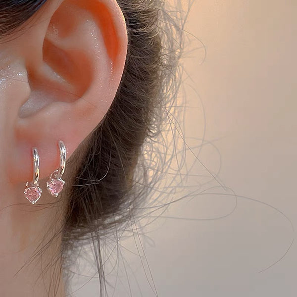 Sterling Silver Pink Heart Diamond Earrings