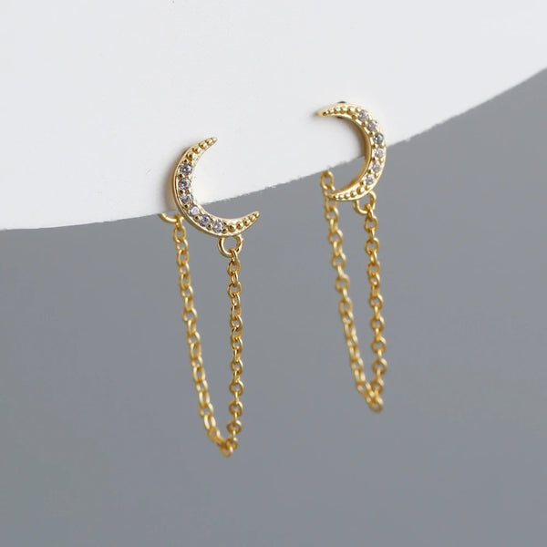 Sterling Silver Crescent Moon Chain Drop Earrings