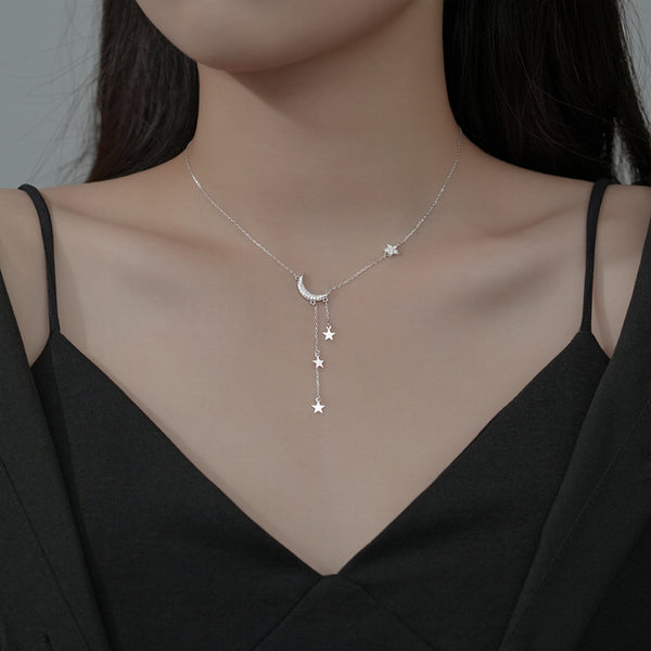 Sterling Silver Crescent Moon Diamond Tassel Necklace