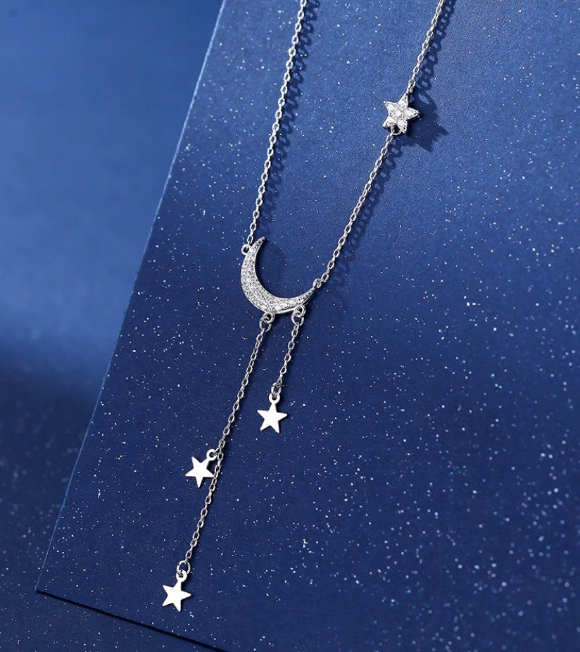 Sterling Silver Crescent Moon Diamond Tassel Necklace