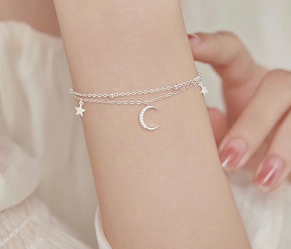 925 Sterling Silver Double Layer Star Moon Bracelet