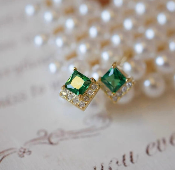 925 Sterling Silver Gold Plated Emerald Earrings