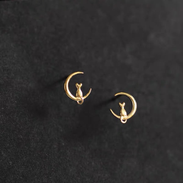 Sterling Silver Crescent Moon Cat Stud Earrings