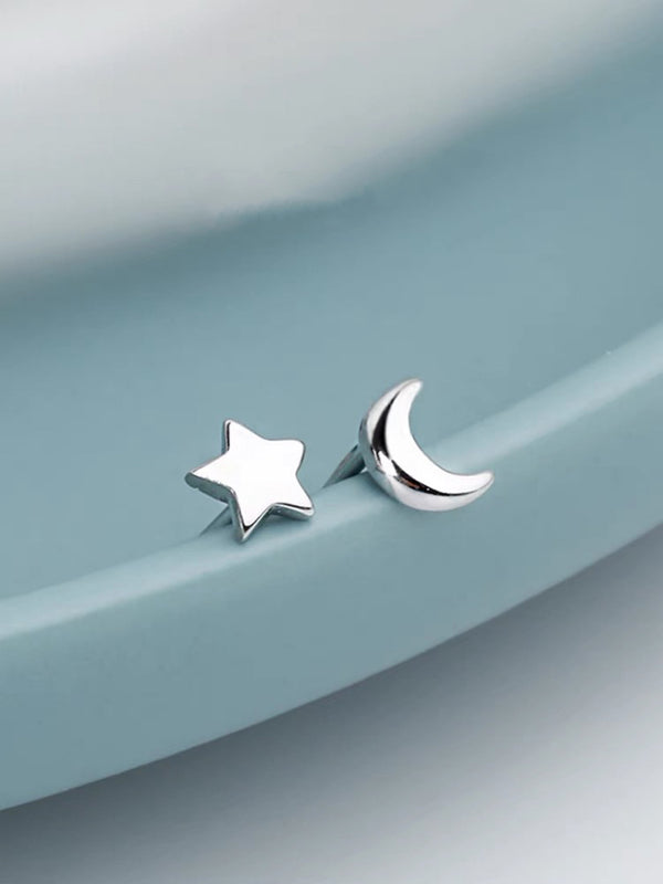 Sterling Silver Star and Moon Stud Earrings