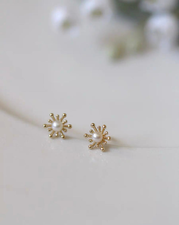 Sterling Silver Pearl Flower Firework Stud Earrings