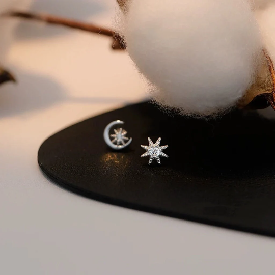 925 Sterling Silver Crescent Moon Star Asymmetrical Stud Earrings