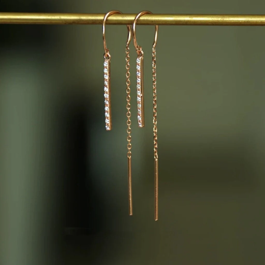 Sterling Sliver Pave Bar Chain Threader Earrings