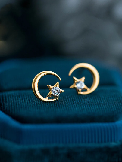 925 Sterling Silver Star and Crescent Moon Stud Earrings