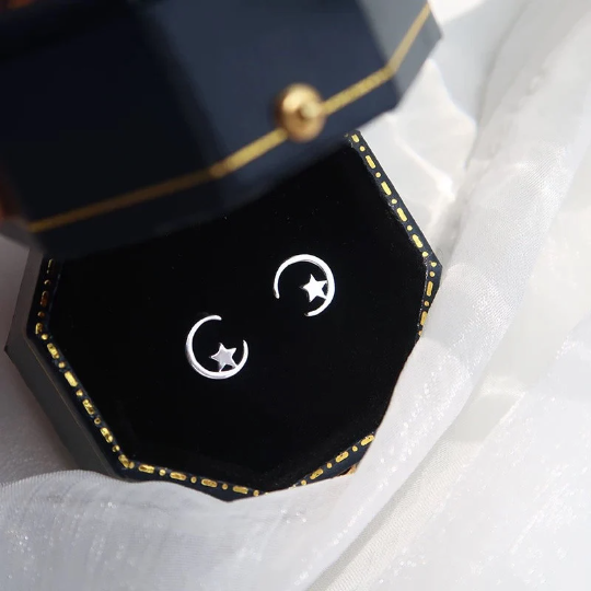 925 Sterling Silver Star and Crescent Moon Stud Earrings