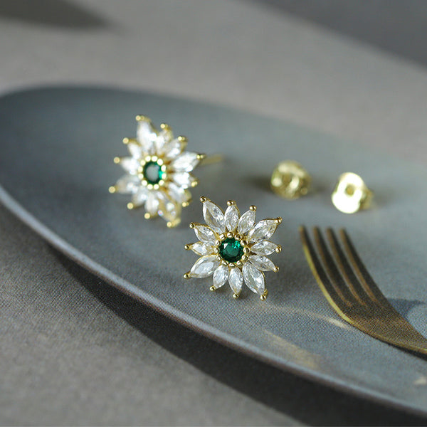 Sterling Silver Emerald Flowers Stud Earrings