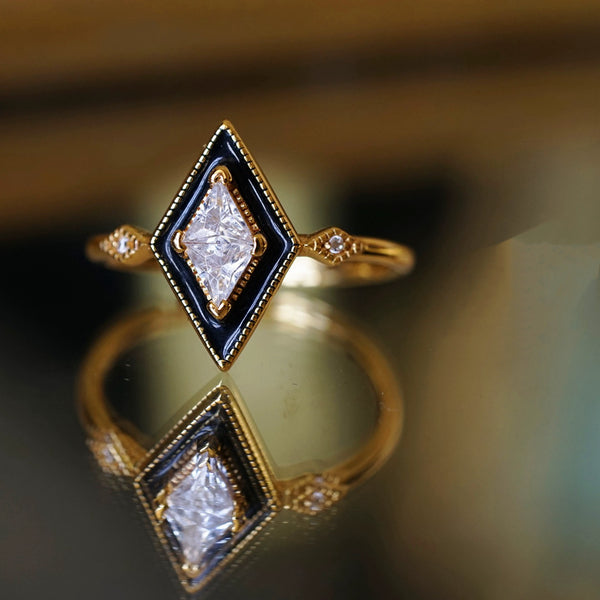 Sterling Silver Gold Plated Black Rhombus Ring