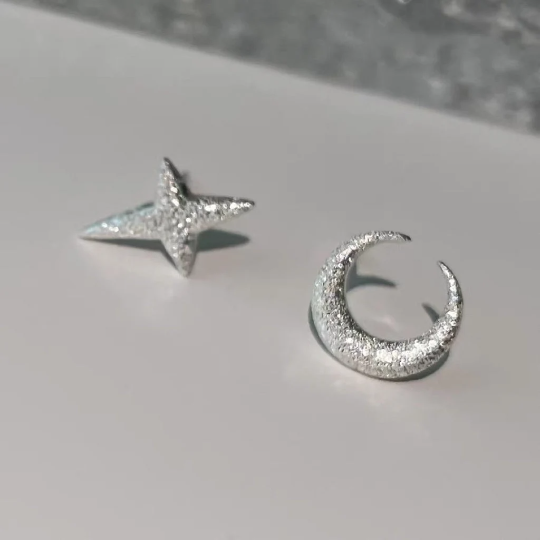 Sterling Silver Asymmetrical Crescent Moon Star Stud Earrings