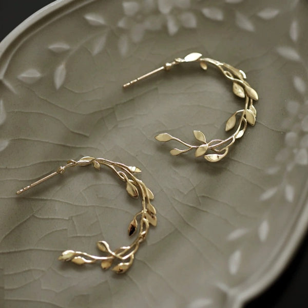 Sterling Silver Leaves Olive Leaf Hoop Earrings