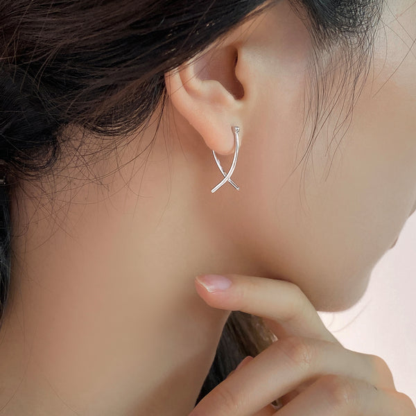 Sterling Silver Cross Geometric Irregular Hoop Earrings